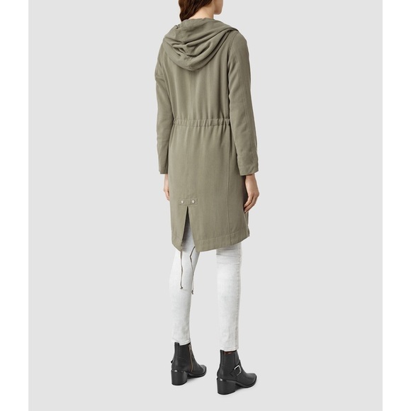 AllSaints Dark Sage Green Gray Lyocell Cupro Hooded Multi Wear Pelya Parka EUC 8 - Picture 2 of 12
